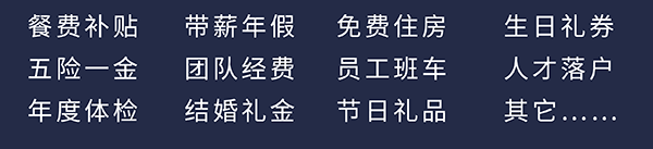 人生就是博员工福利：餐费补贴、五险一金、年度体检、带薪年假、团队经费、结婚礼金、免费住房、员工班车、节日礼品、生日礼券、人才落户、其它……